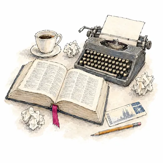 Biroul traducătorului: dicționarul deschis, mașina de scris, cafeaua